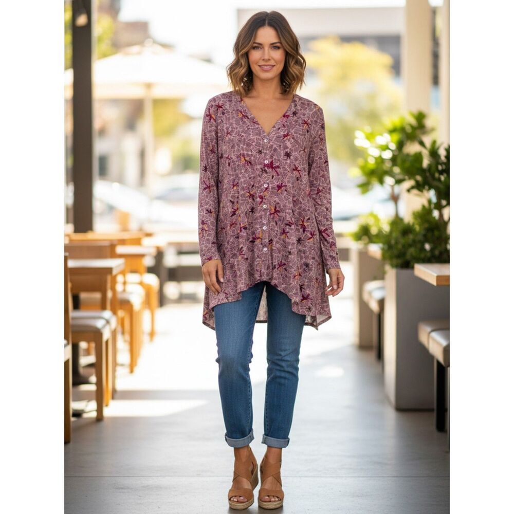 Logo Lori Goldstein Pink Floral Asymmetrical Button Front Top M